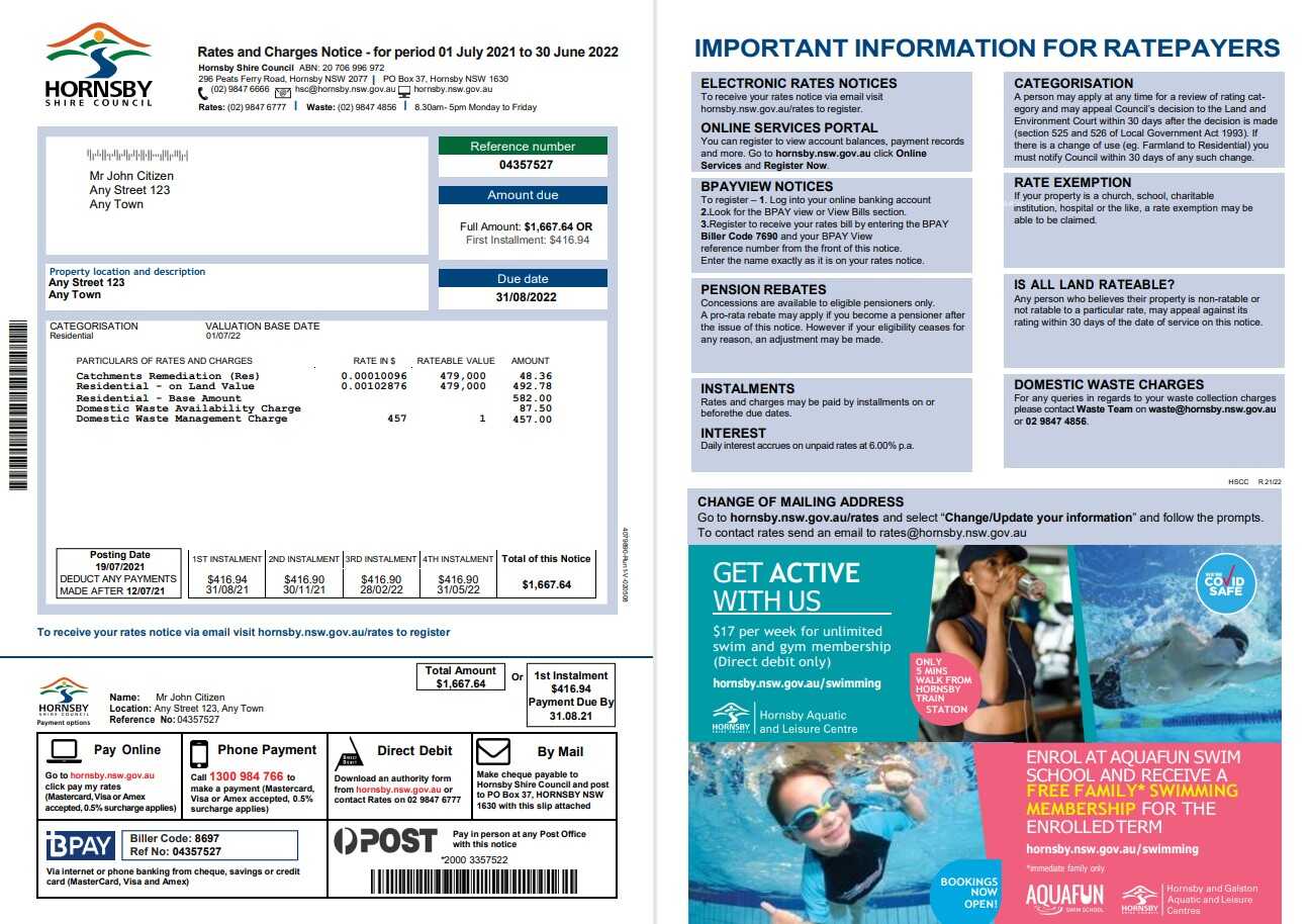 Australia NSW Hornsby Shire Council utility bill, Word and PDF template, 2 pages